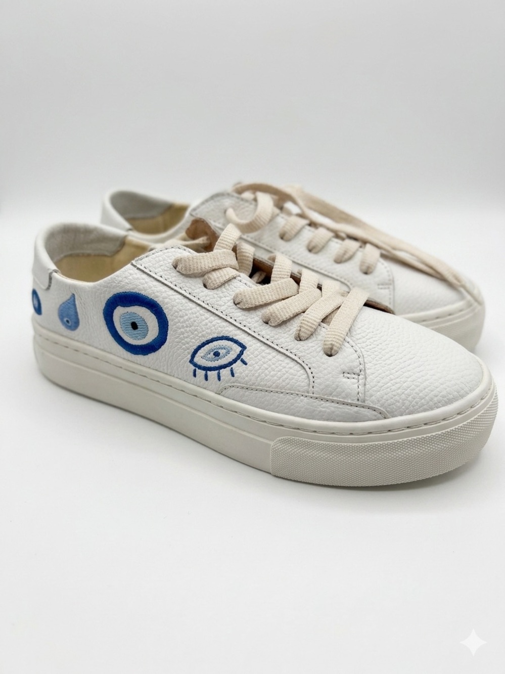 Soludos Womens Evil Eye Ibiza Embroidered Lace-up Platform Sneaker 7.5US White